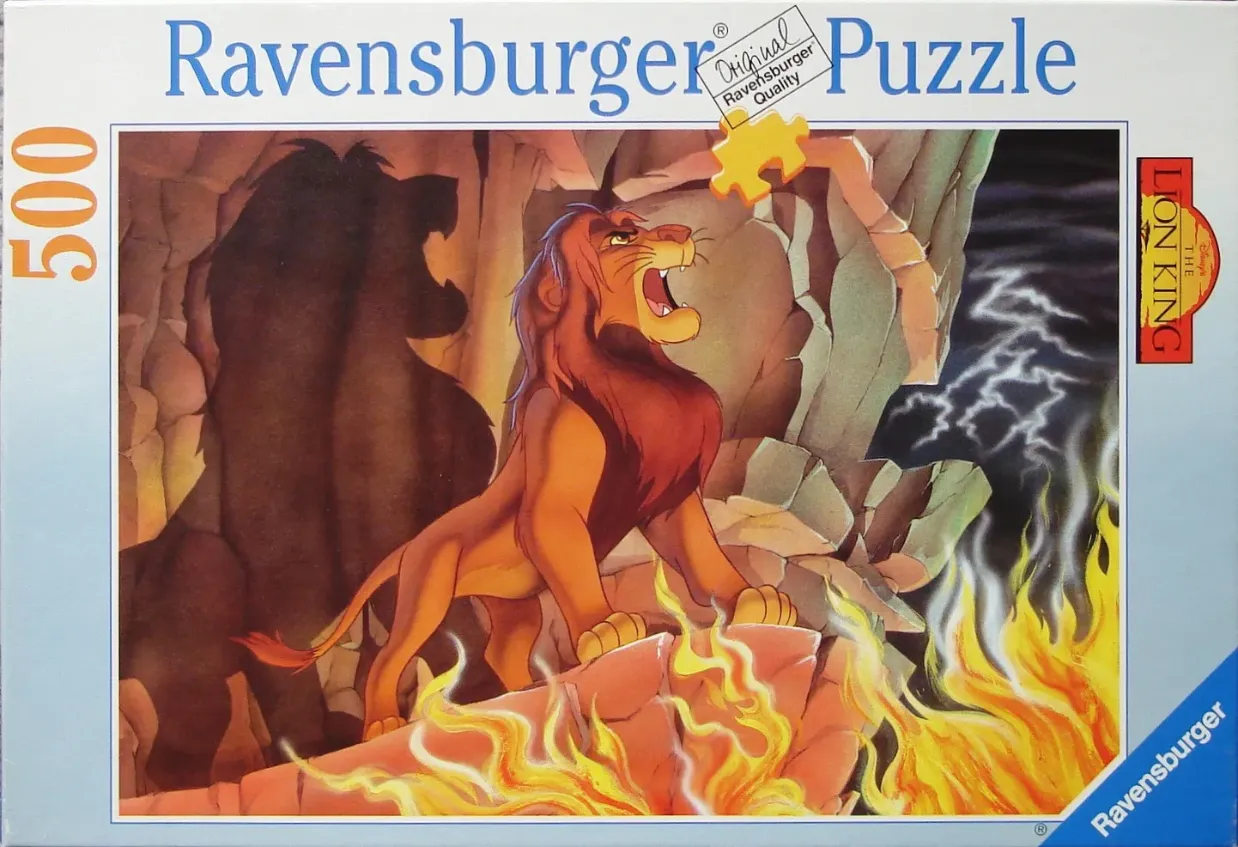 Scar from The Lion King roaring in a rocky, fire-lit landscape.