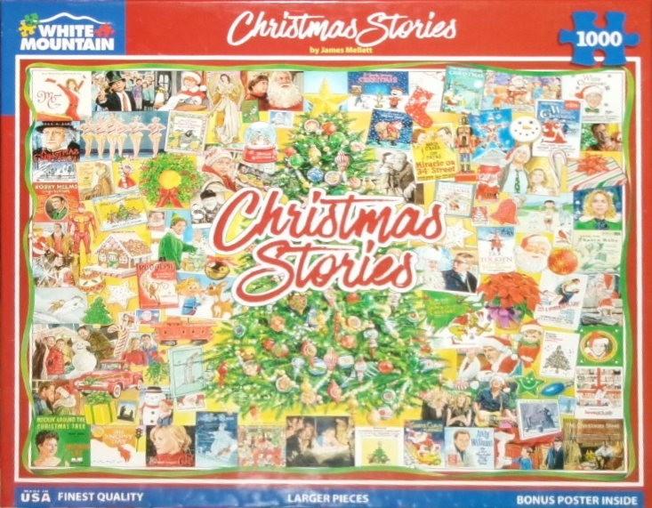 A collage of various holiday-themed movie posters, book covers, and iconic Christmas imagery surrounding a central tree.