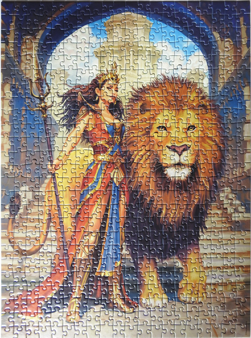 A fantasy illustration of a queen standing beside a large lion under an ornate stone archway.