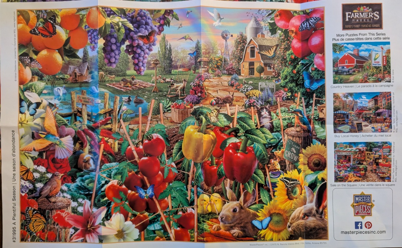 A lush, colorful garden scene filled with vibrant produce, animals, and butterflies.
