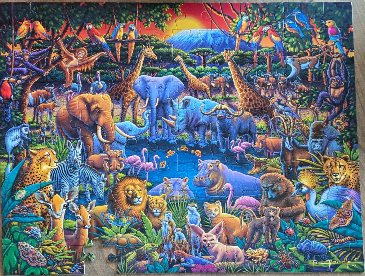 A vibrant, colorful illustration of various African wildlife gathering at a watering hole during sunset.