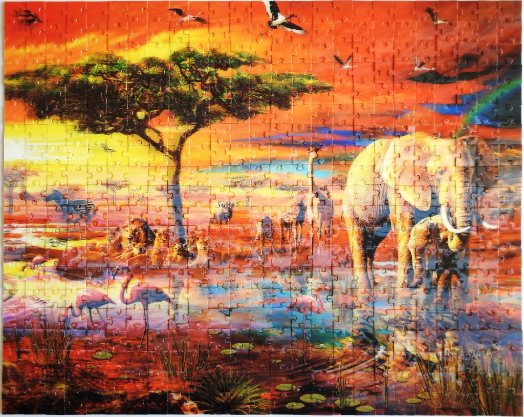 An African savanna landscape at sunset featuring elephants, giraffes, lions, and flamingos by a waterhole.
