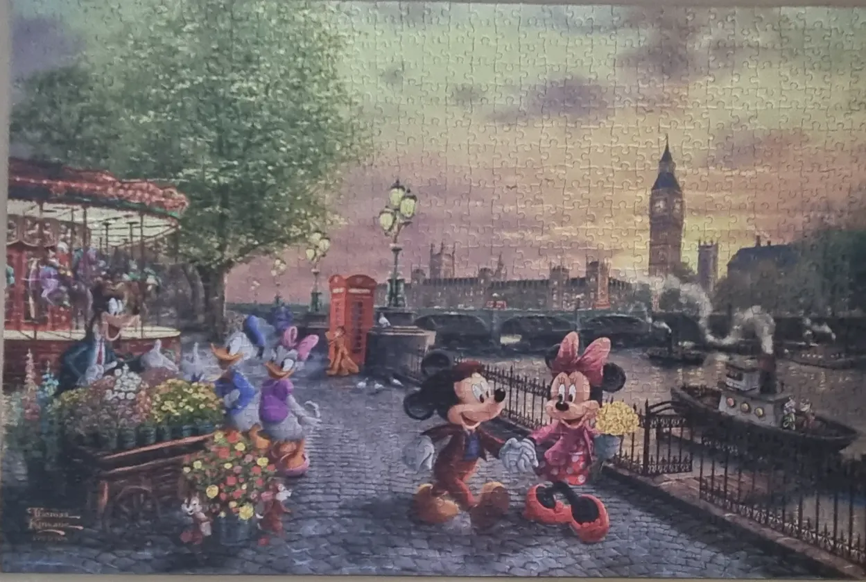 Mickey and Minnie Mouse strolling in a romantic London park scene with Disney characters.