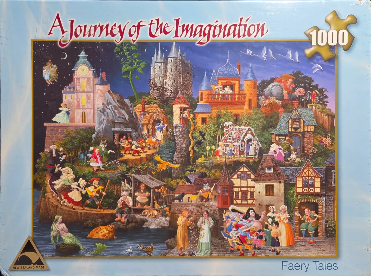 A whimsical illustration of a fairy tale land featuring various storybook characters and landmarks.