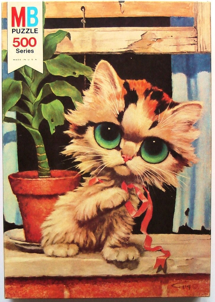 An illustration of a fluffy kitten with oversized green eyes sitting on a windowsill beside a potted plant.