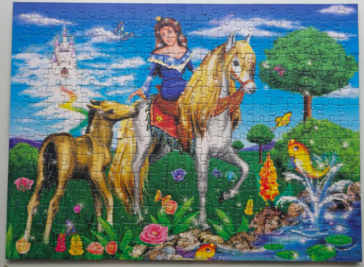 A fairytale scene featuring a princess on a white horse, a foal, and a magical landscape with a castle.
