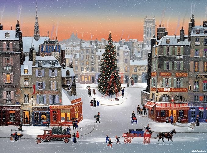 A snowy French city square at twilight with a Christmas tree, people, a horse-drawn carriage, and old-fashioned buildings.