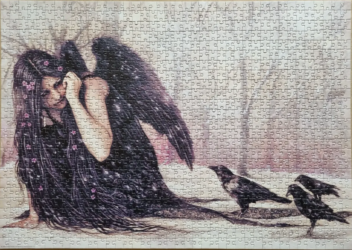 A gothic fantasy illustration of a dark-winged angel with long hair sitting in snow with three ravens.