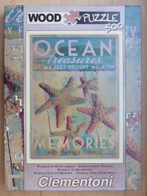 A vintage-style illustration of three starfish on a distressed wooden background with the text Ocean Treasures.