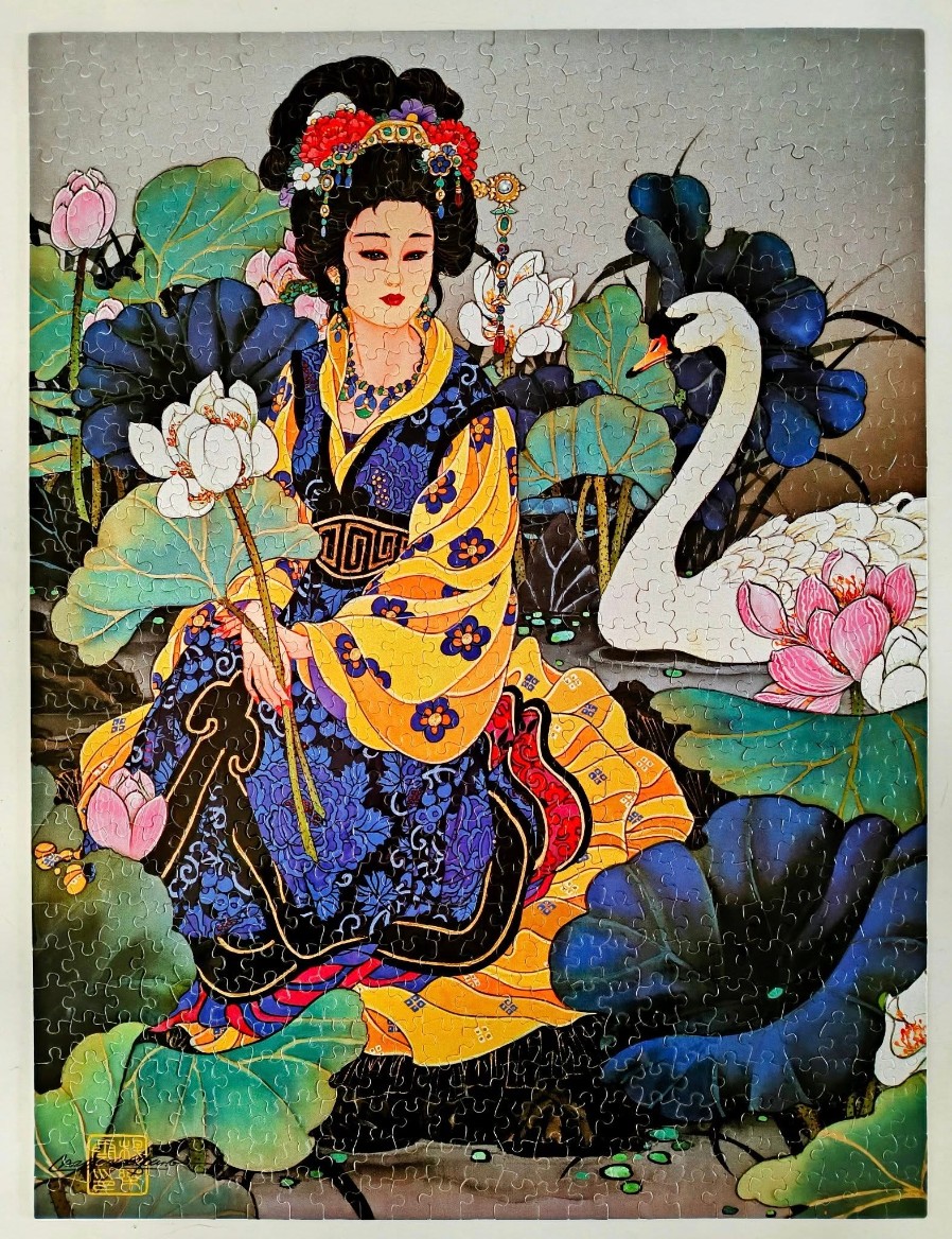 An illustration of a woman in traditional East Asian attire sitting among lotus flowers with a white swan nearby.