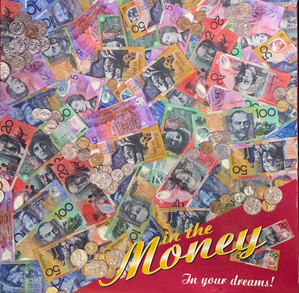 A chaotic collage of assorted Australian banknotes and scattered metal coins.