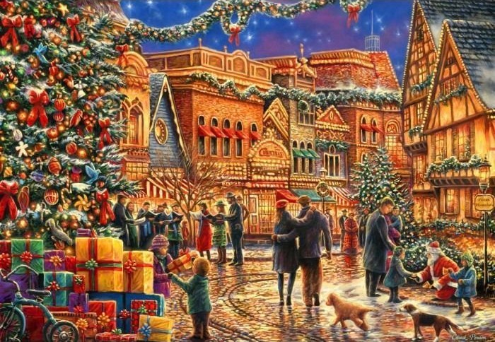 A bustling, snow-dusted town square during the Christmas holidays with carolers, shoppers, and a giant decorated tree.