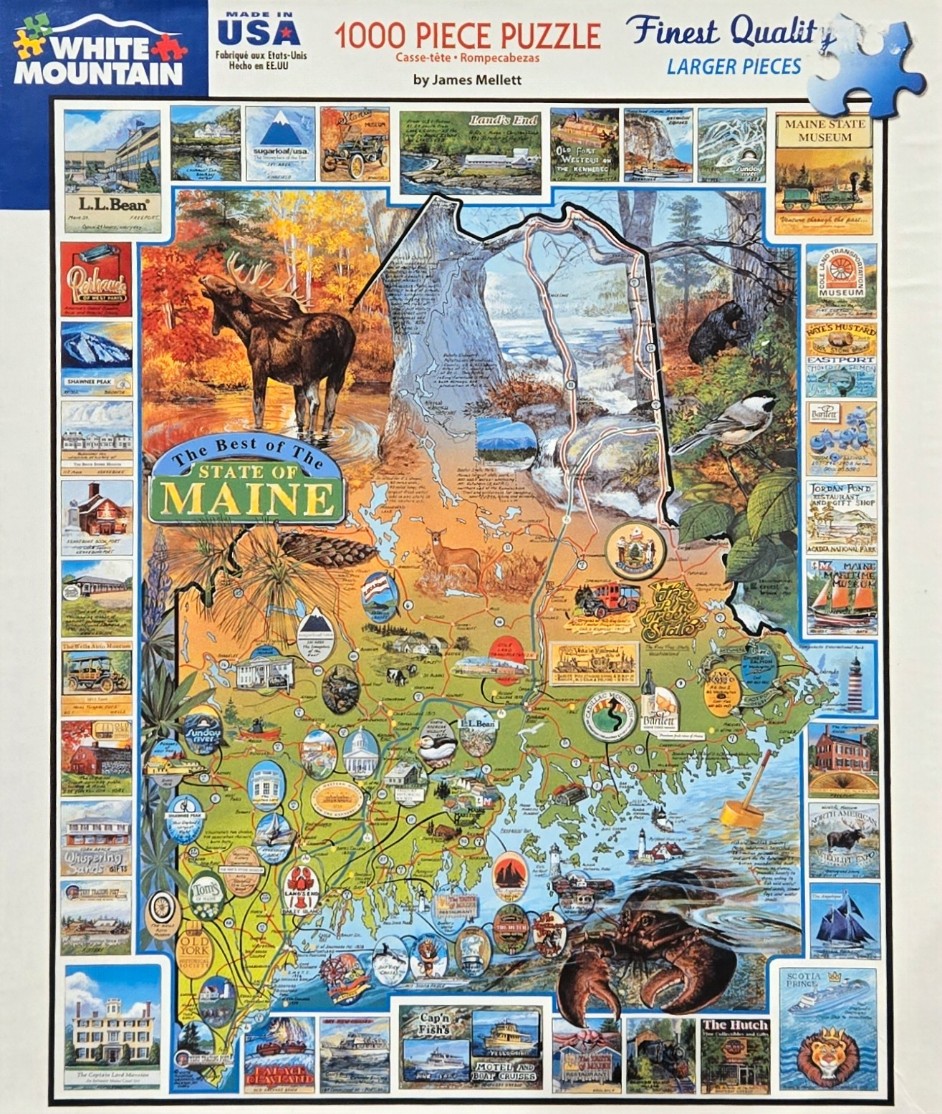 Illustrated pictorial map of Maine featuring state landmarks, wildlife, and a border of travel-themed vignettes.