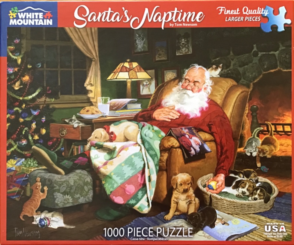 An oil painting of Santa Claus sleeping in a leather armchair surrounded by kittens and puppies.