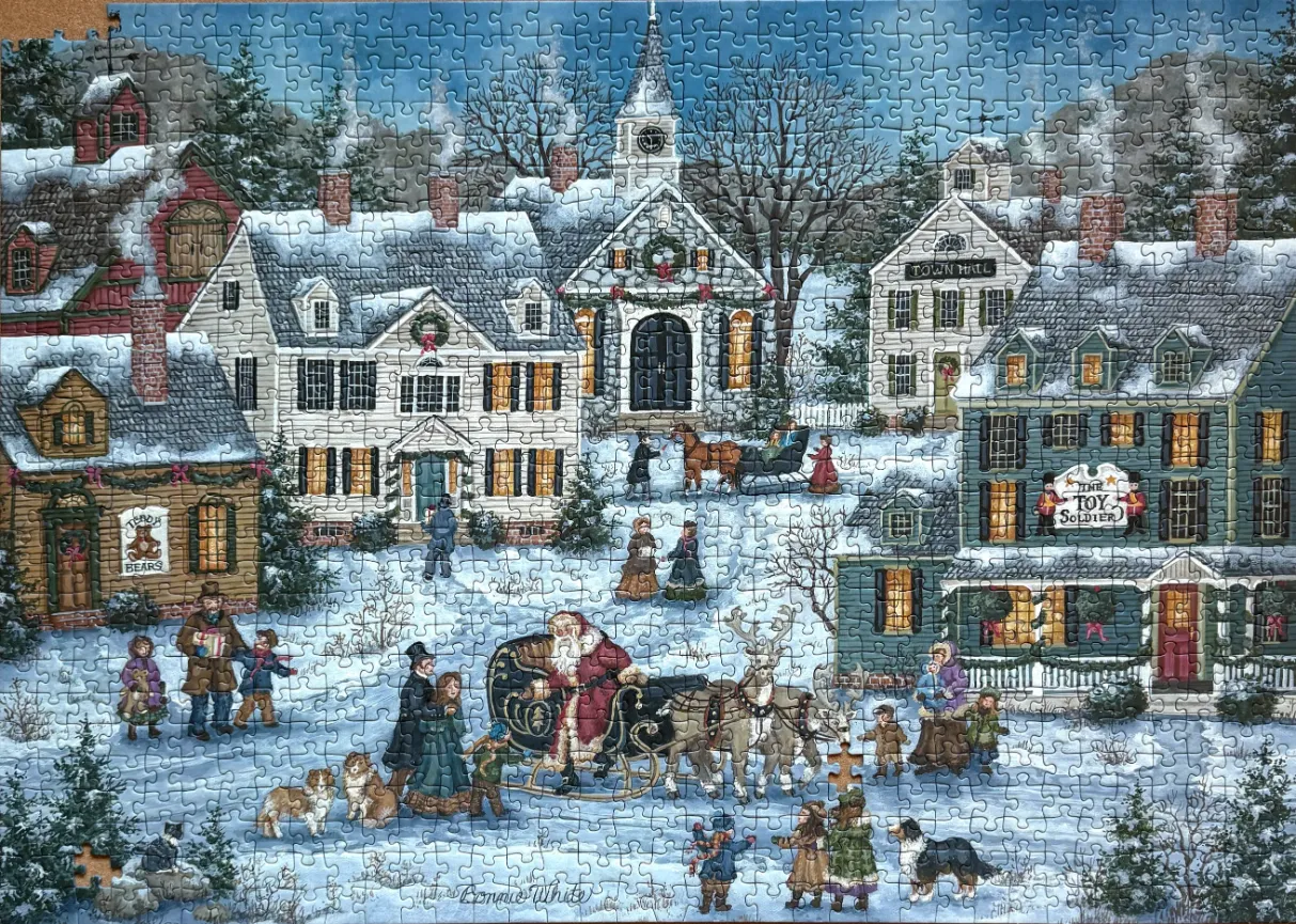 Folk art illustration of a snowy town square at Christmas with Santa in his sleigh.