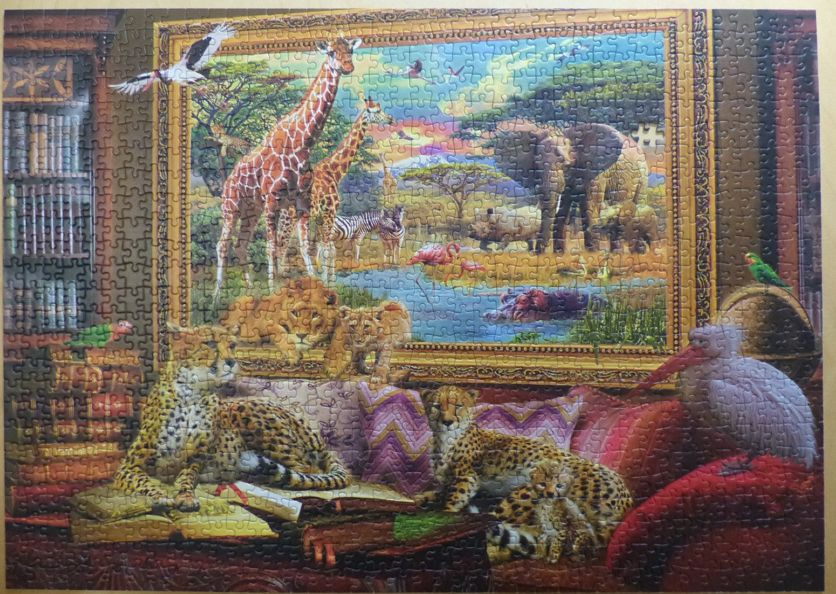 A whimsical scene of African wildlife depicted in a framed painting inside a library, with cheetahs resting in the foreground