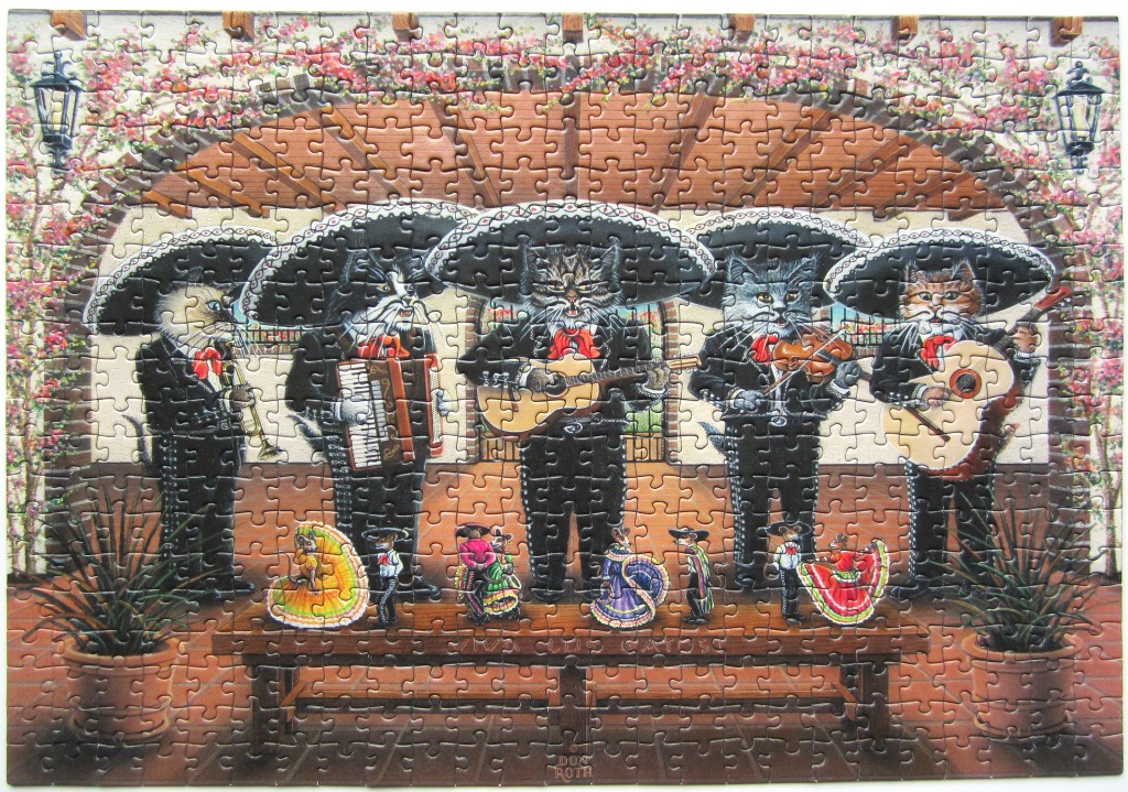 A whimsical illustration of a five-piece cat mariachi band performing under a flower-covered pergola.