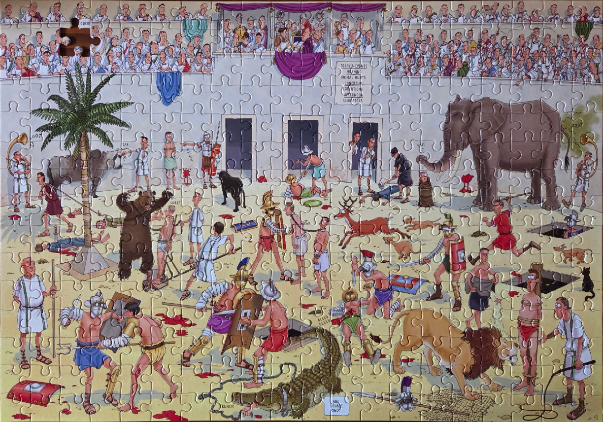A cartoon illustration of a chaotic Roman arena filled with gladiators, wild animals, and spectators.