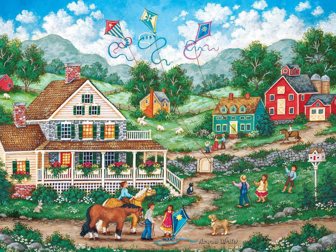 Folk art scene of children flying kites and riding horses at a rural farmhouse in summer.