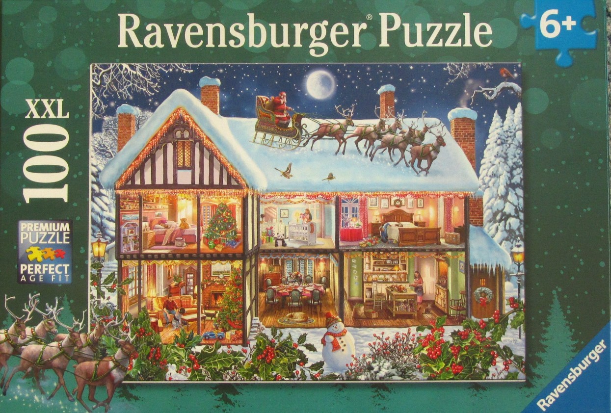 A dollhouse-style cross-section of a cozy Tudor home on Christmas Eve with Santa flying his sleigh over the roof.