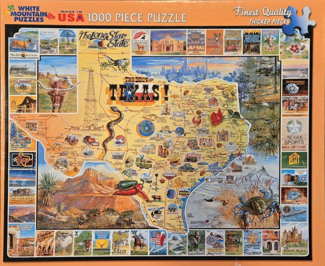 Illustrated map of Texas surrounded by small vignettes of state landmarks and culture.