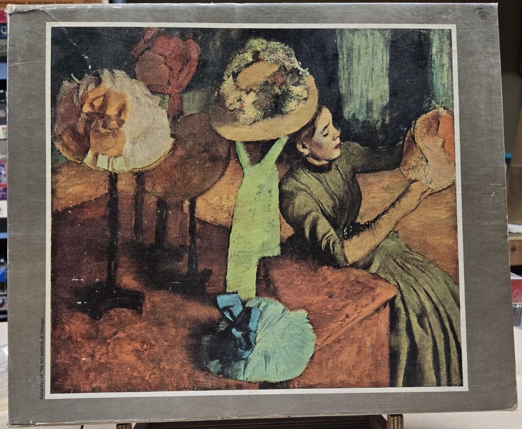 Impressionist painting of a woman trimming hats in a shop