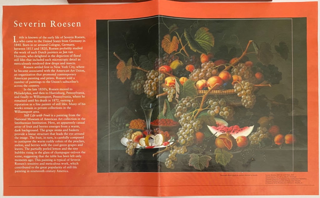 A still life painting by Severin Roesen featuring lush fruit in a basket, presented on an orange background with text.