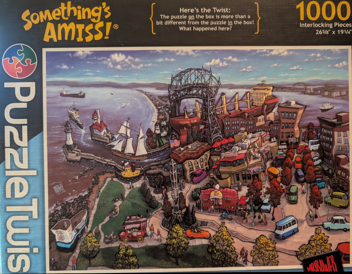 Illustrated aerial view of the Duluth Aerial Lift Bridge area with quirky, cartoon-style architecture and ships.