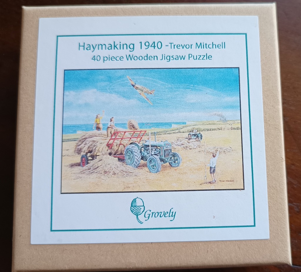 A nostalgic painting of a 1940s hay harvest scene with a tractor, workers, and a fighter plane in the sky.