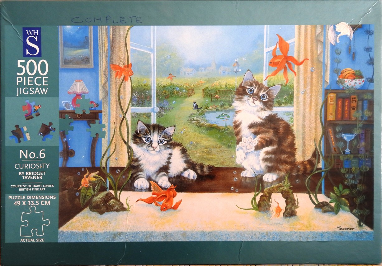 Two fluffy tabby kittens sitting on a window ledge looking into a fish tank and a sunny garden.