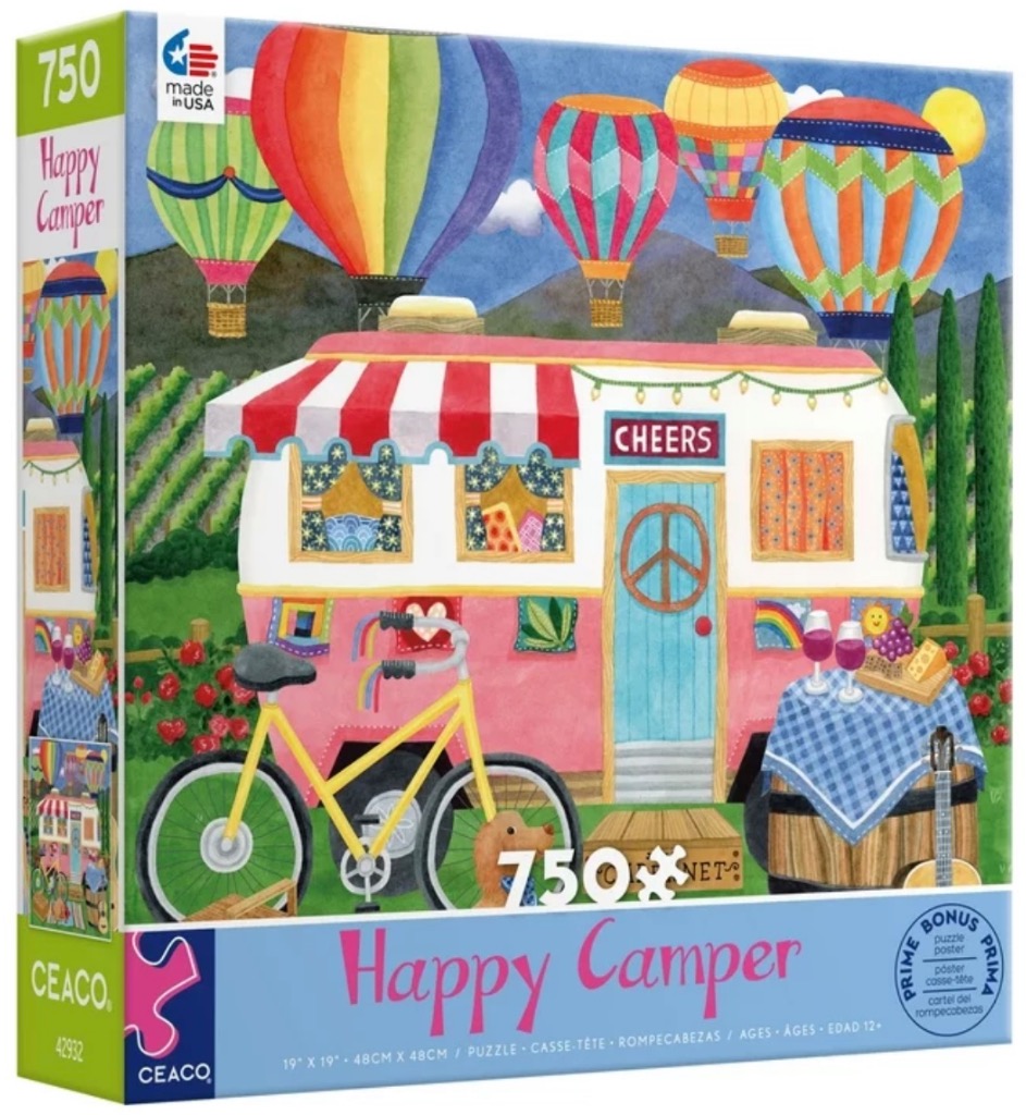 A whimsical illustration of a pink retro camper, a bicycle, and wine, set against a background of rolling hills and balloons.