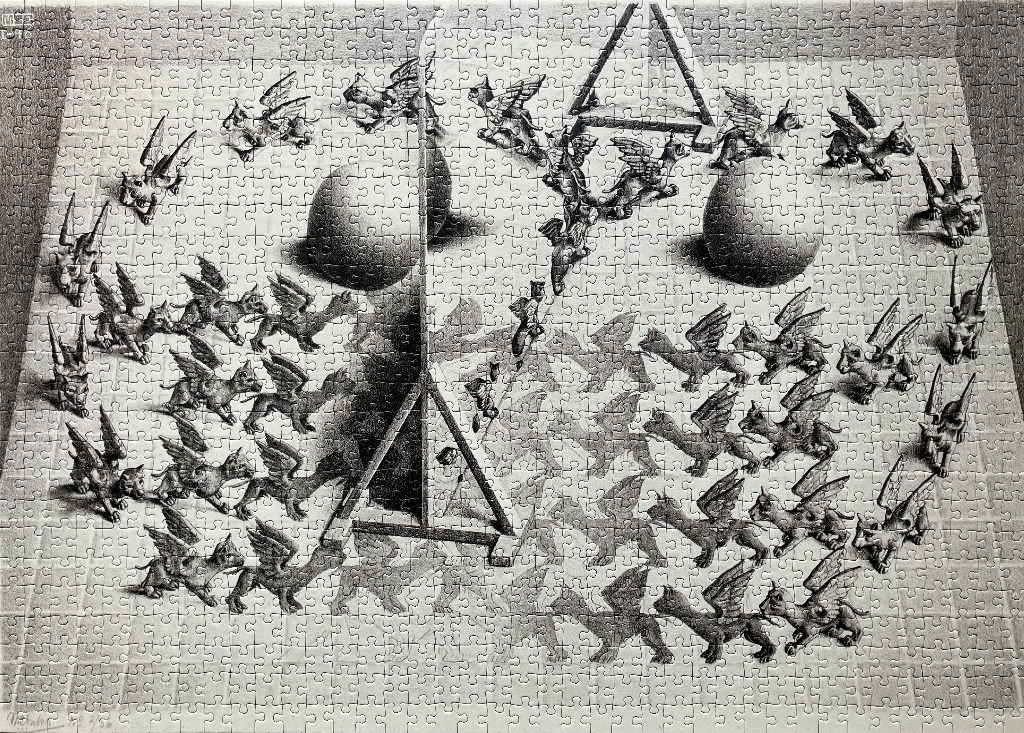 A black and white lithograph by M.C. Escher featuring winged cats or griffins surrounding two spheres and a frame.