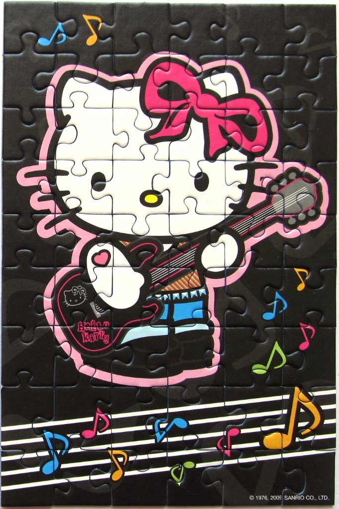 Hello Kitty playing an electric guitar against a black background with musical notes