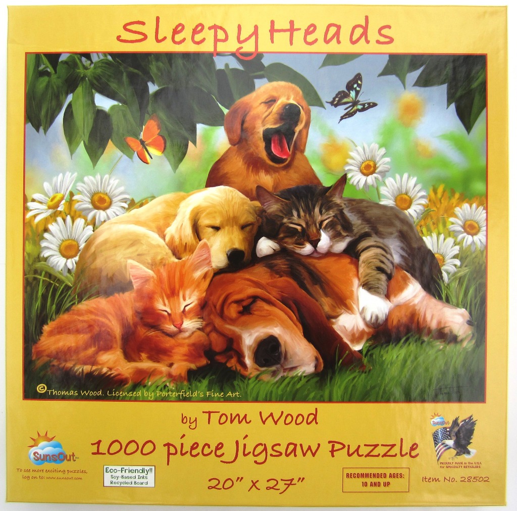 A group of sleepy puppies and kittens cuddling in a daisy-filled meadow with butterflies.