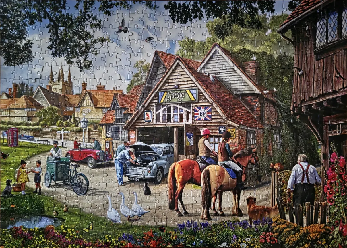 A nostalgic village scene featuring a garage, classic cars, horses, and a bustling rural street.