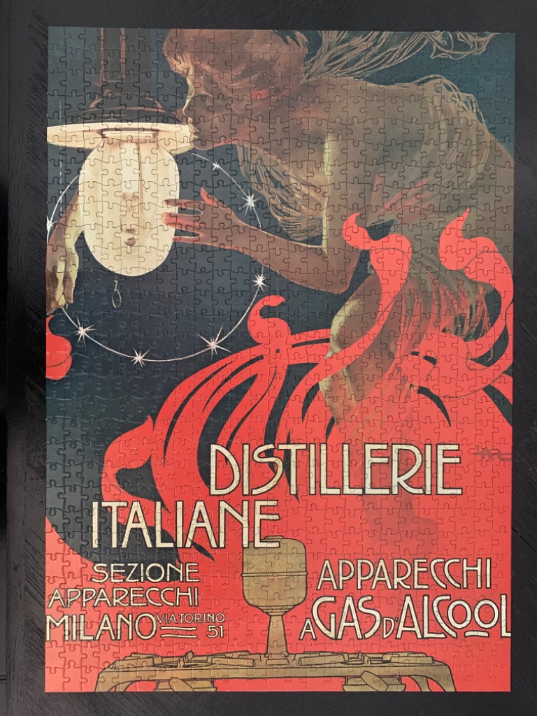 Vintage advertisement poster illustration for Distillerie Italiane with a glowing lightbulb and female figure.