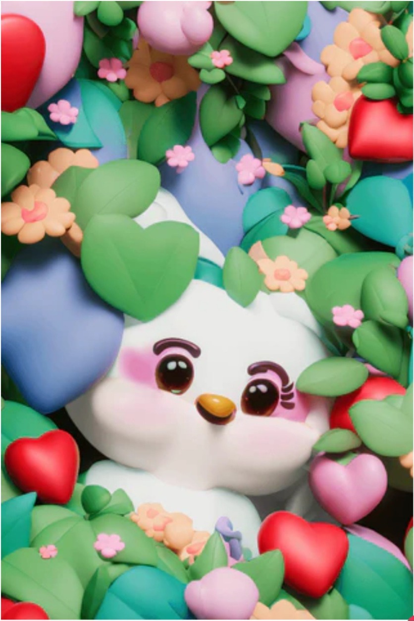 A cute white cartoon creature with large brown eyes peering out from lush green foliage and heart-shaped flowers.