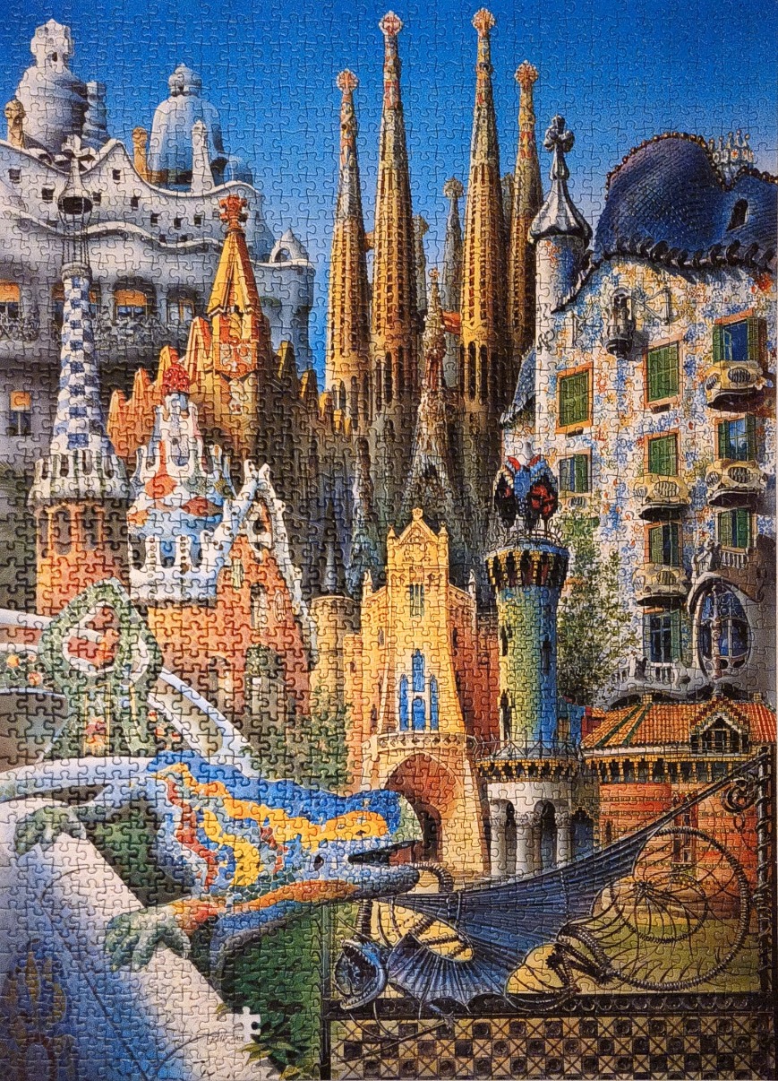 A montage of Gaudi architecture in Barcelona featuring the Sagrada Familia and Casa Batllo against a bright blue sky.