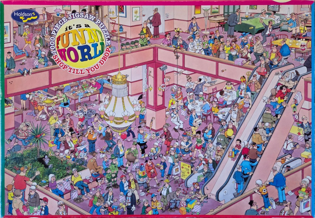 A crowded, chaotic multi-level shopping mall filled with cartoon people and humorous shopping mishaps.