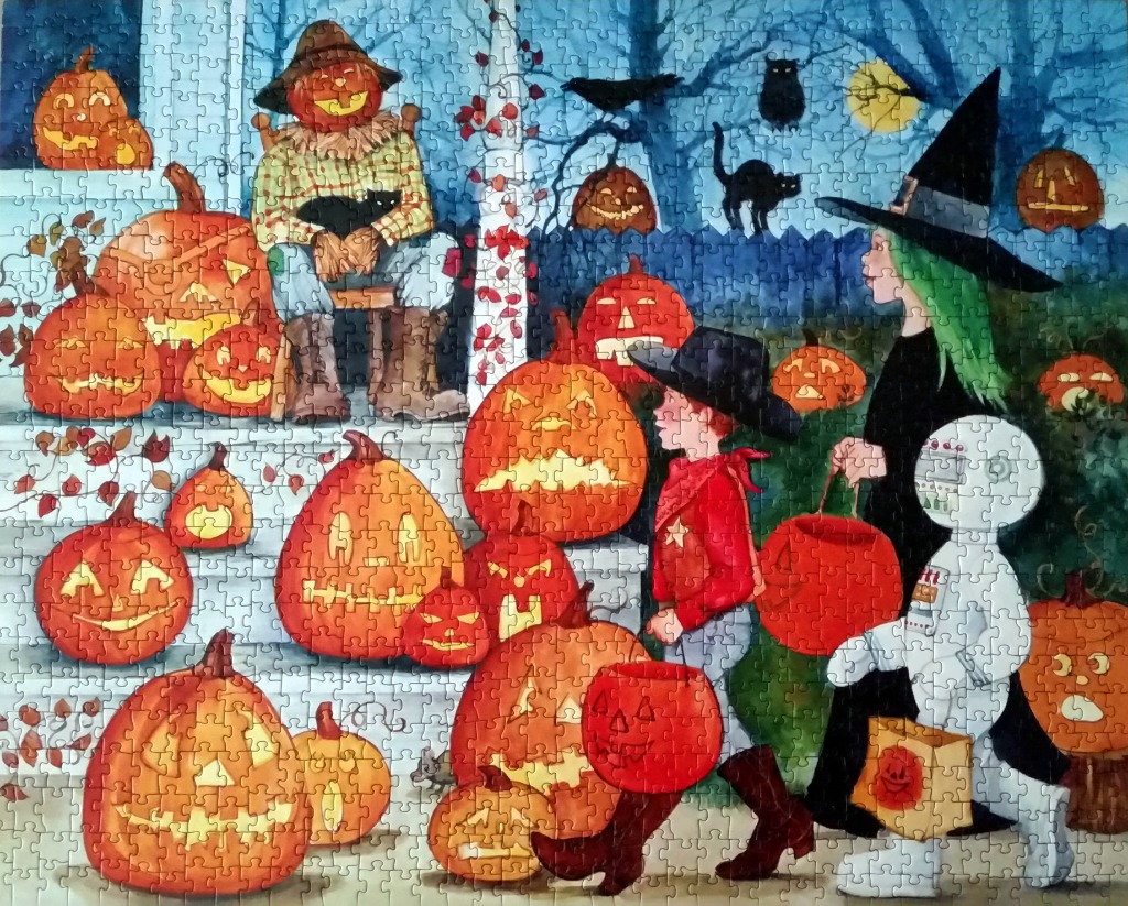 Halloween scene featuring a scarecrow, trick-or-treaters, and many jack-o