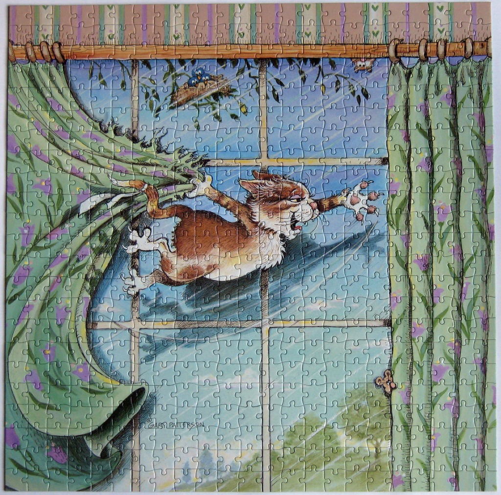 A cartoon illustration of an orange cat hanging from a window curtain.