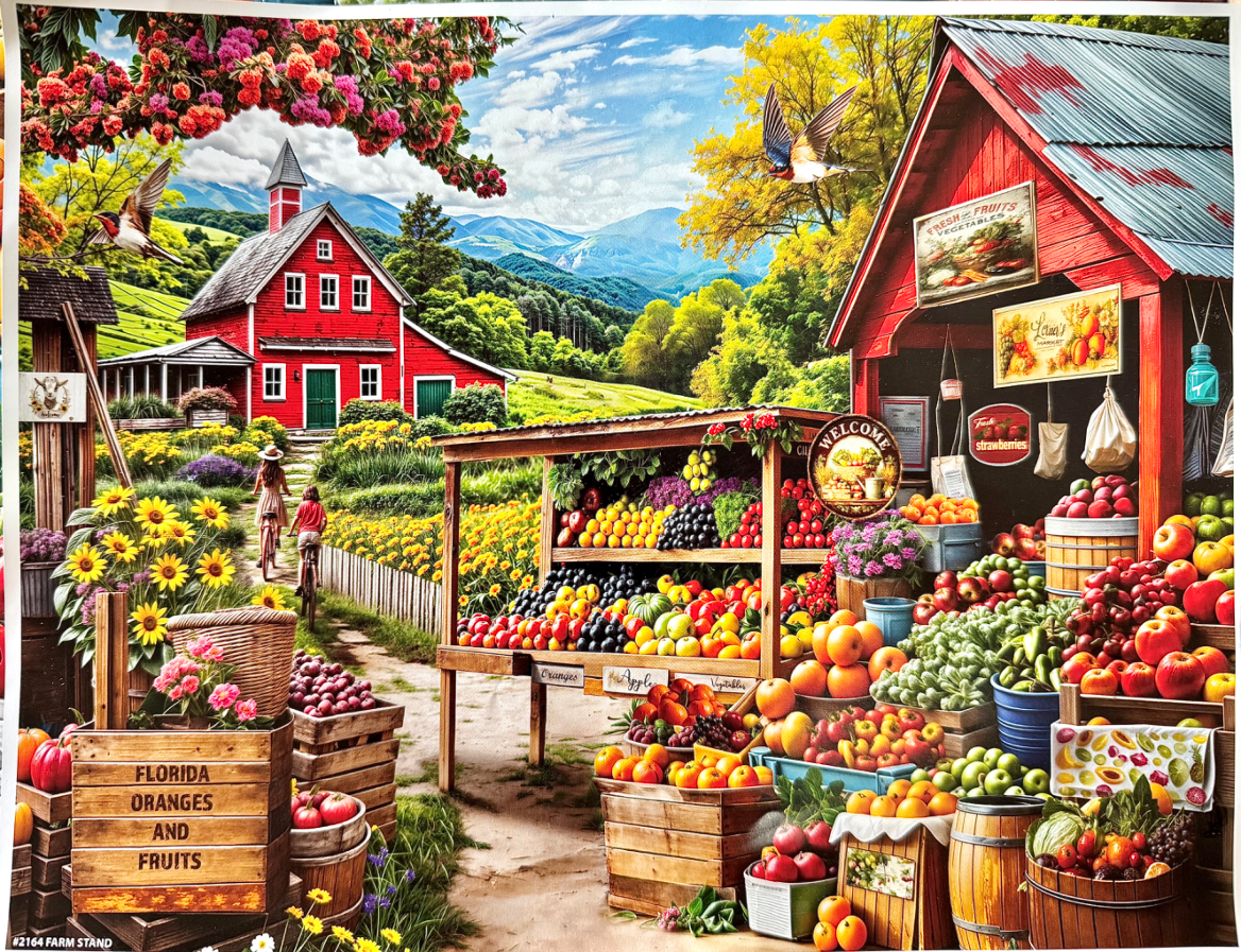 A lush country farm stand filled with fresh produce, a red barn, and rolling mountains under a bright sky.