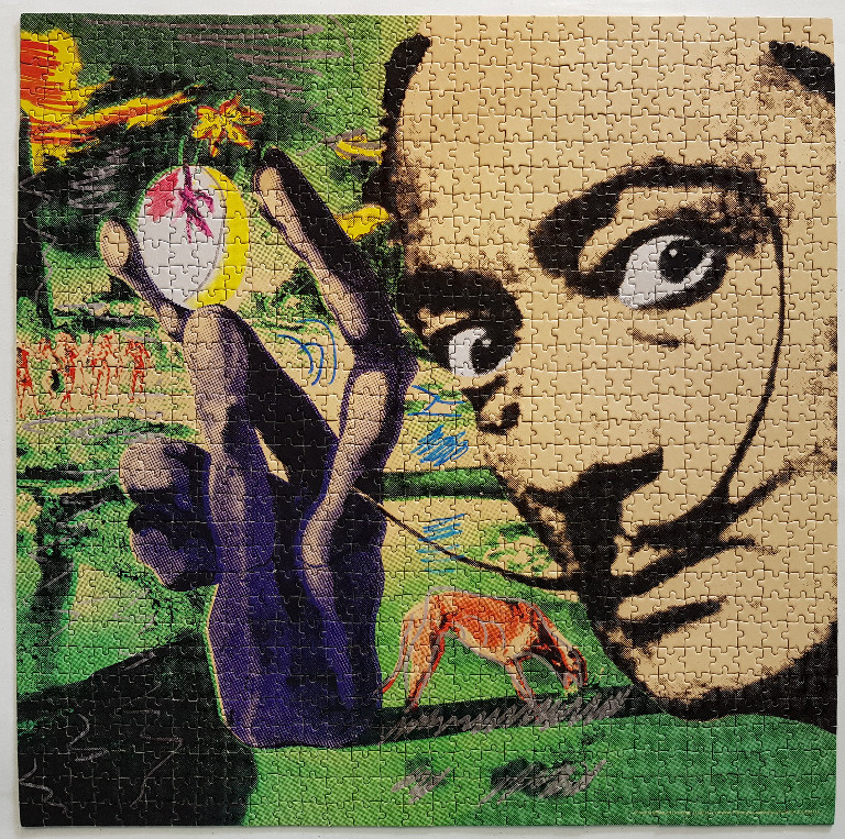 Surrealist artwork depicting a giant face, a long-fingered hand holding a sphere, and a dog in a vibrant green landscape.
