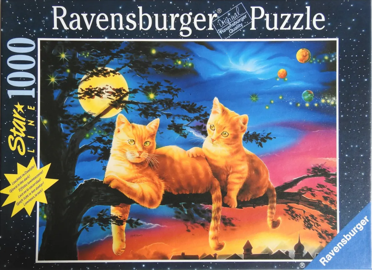 Two ginger cats sitting on a tree branch against a celestial night sky with planets and a glowing moon.