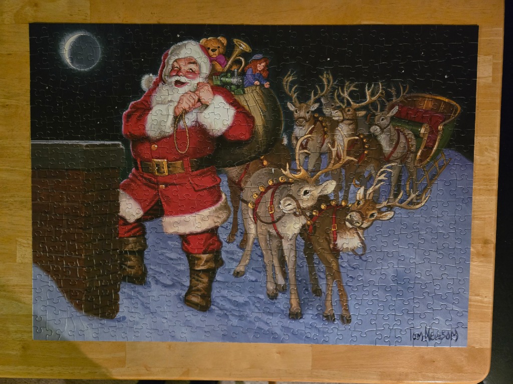 Santa Claus on a rooftop at night with his reindeer and sleigh, in an illustration style.