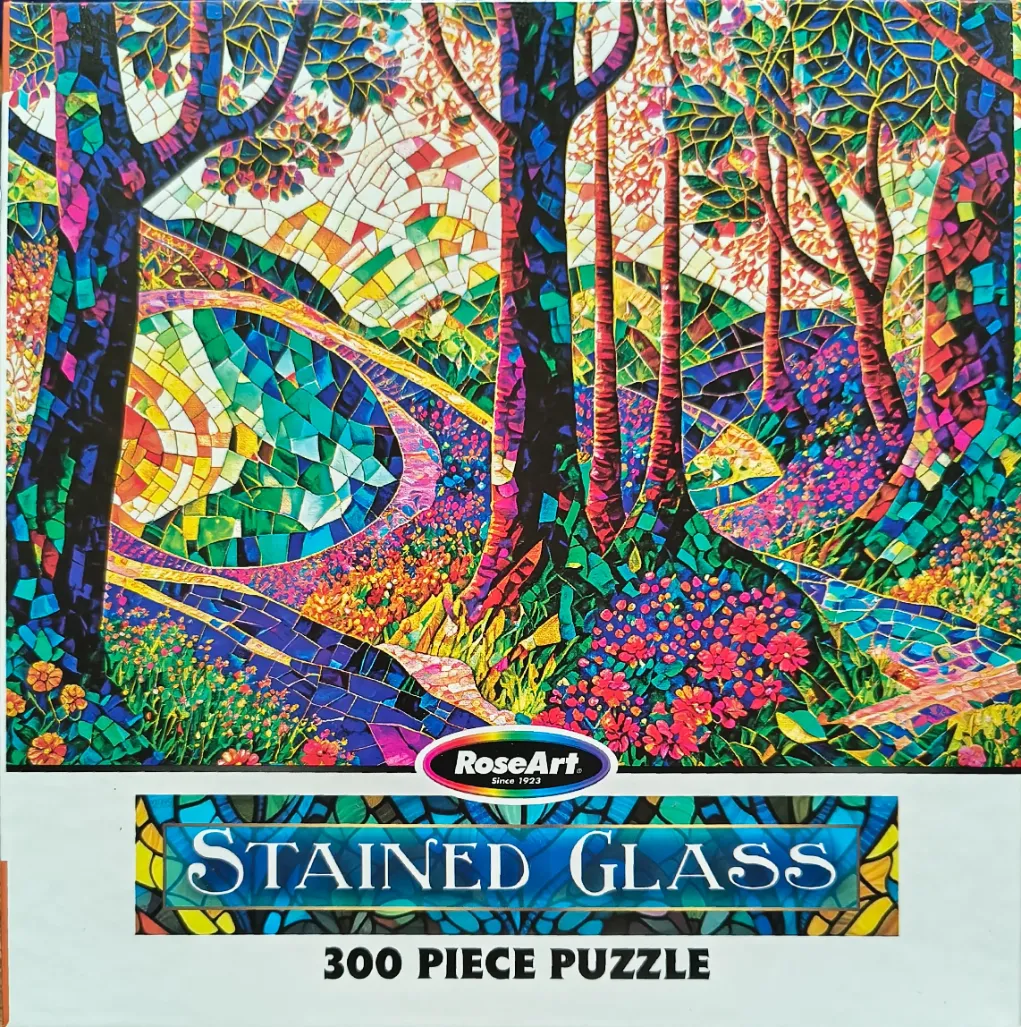A vibrant forest scene designed in a mosaic stained-glass style with dark tree trunks and colorful winding paths.