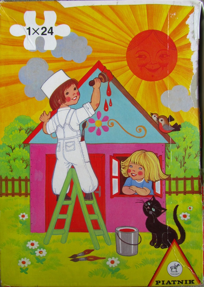 A whimsical vintage-style illustration of a girl painting a playhouse while a boy looks on from a window.