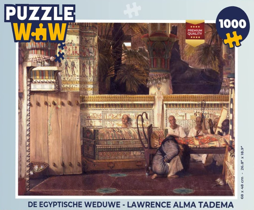 Oil painting depicting an Egyptian funeral scene with a kneeling widow by an ornate sarcophagus.