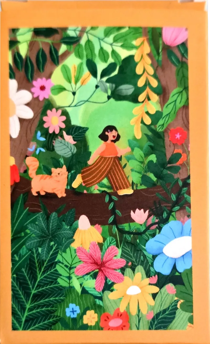 A cartoon illustration of a girl and an orange cat walking across a fallen log in a vibrant jungle.