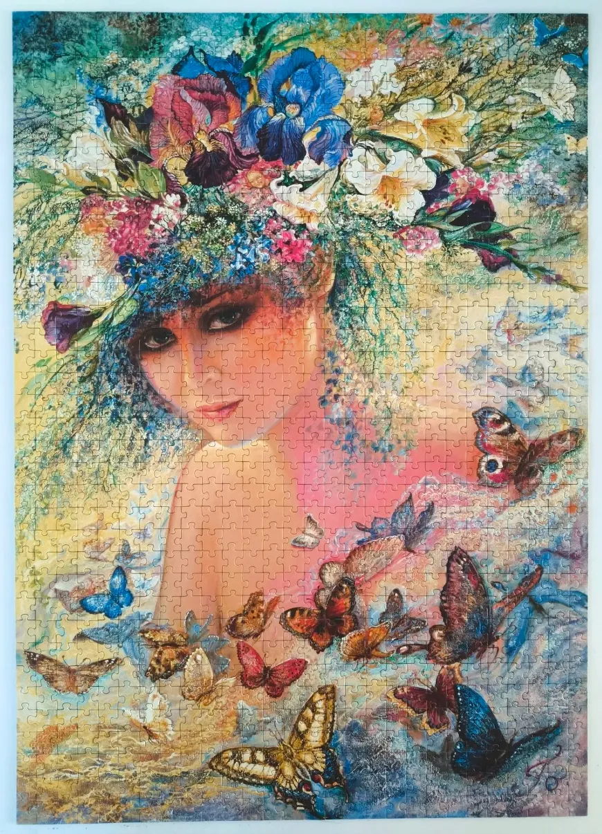 A woman with a massive floral crown surrounded by many colorful butterflies in a dreamy, impressionistic style.